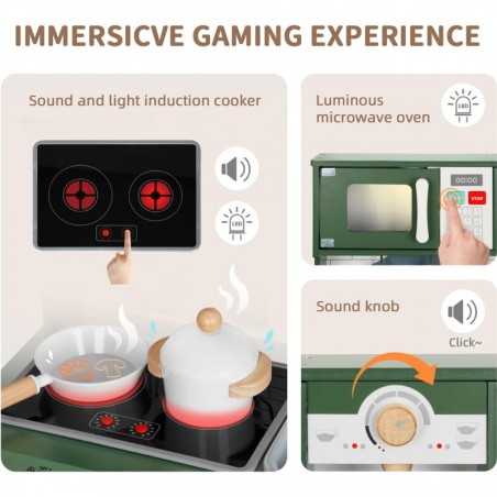 Puidust mänguköök 9in1, roheline, kodumasinad, akssesuaarid, kaart, tahvel