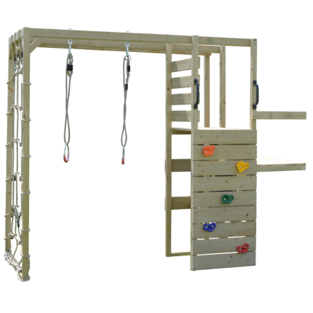 Mängumaja mänguväljak M28-GK hall koos platvormi, liumäe ja kahe kiigu ning ronimismooduli ja mänguköögiga