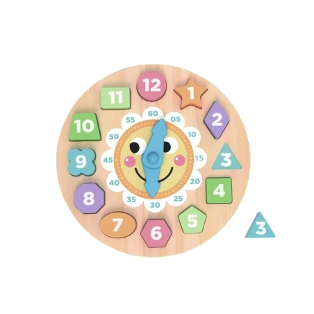 Lõbus kella ja kujundite õppemänguasi puidust