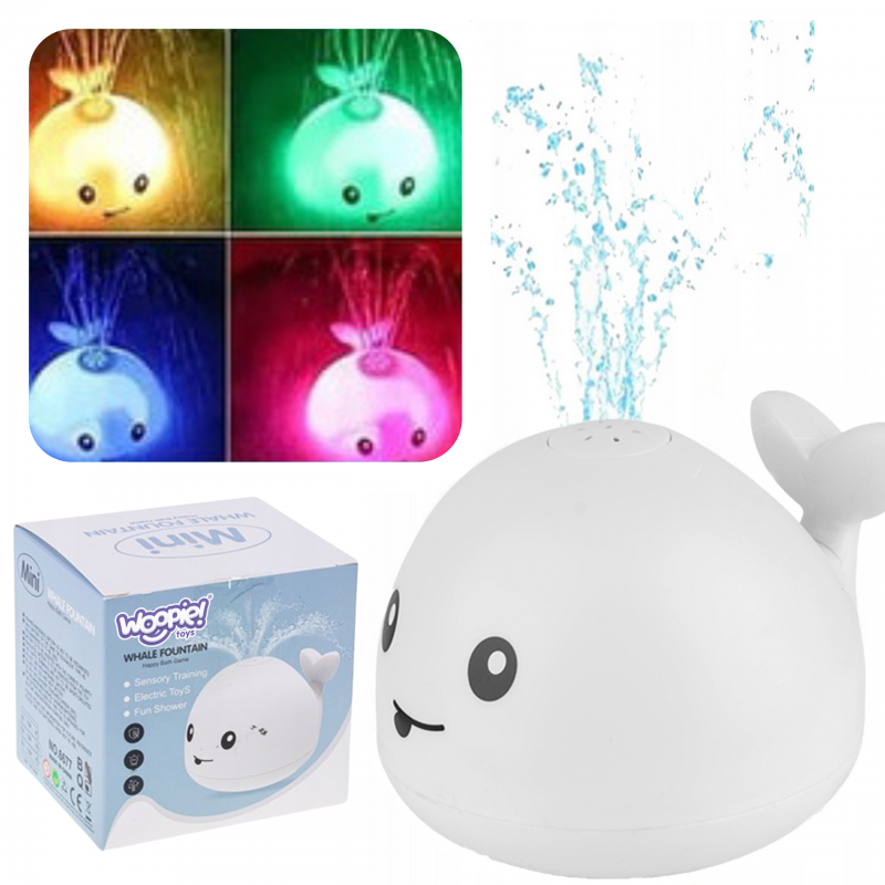 Vannimänguasi LED tuledega vett purskav vaal, valge