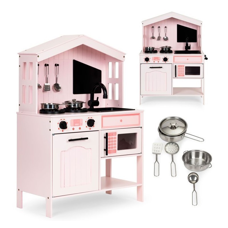 Puidust köök lastele, ahju, mikrolaineahju ja aksessuaaridega, roosa