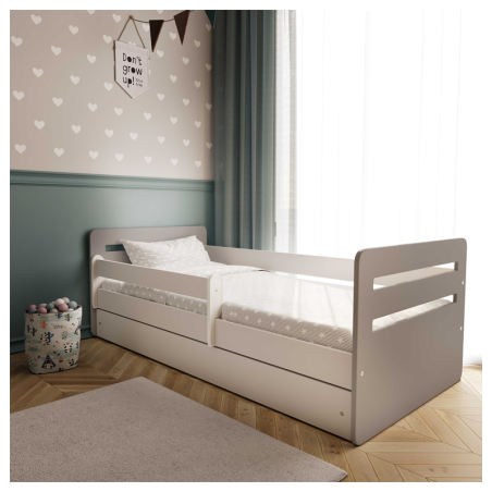 Voodi Tomi 80x180 cm, sahtli ja madratsiga, valge/hall