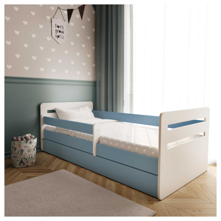 Voodi Tomi 80x140 cm, sahtli ja madratsiga, sinine/valge