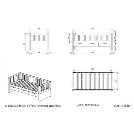 Voodi Fritz 90x200 cm 3 sahtliga, mänd