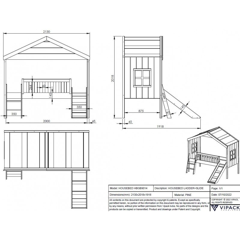Majavoodi House redeli ja liumäega 90x200 cm valge