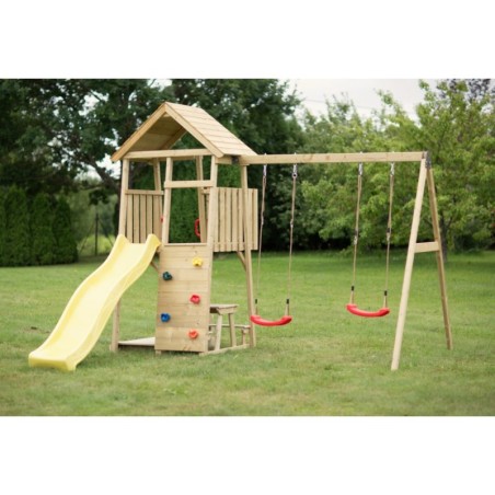 Mänguväljak Junior J9 kollane (liumägi+ronimissein+topelt kiik+piknikupink)