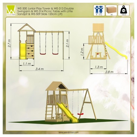 Mänguväljak Junior J9 kollane (liumägi+ronimissein+topelt kiik+piknikupink)