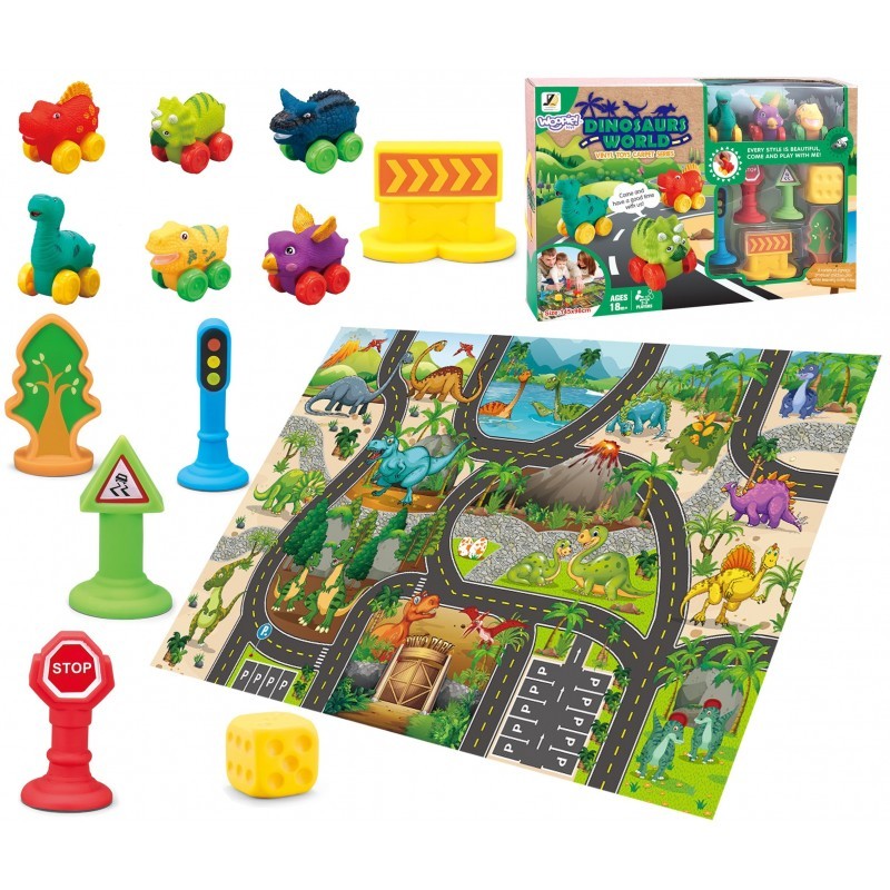 Autotee matt autodele, dinosauruste autode komplekt + liiklusmärgid