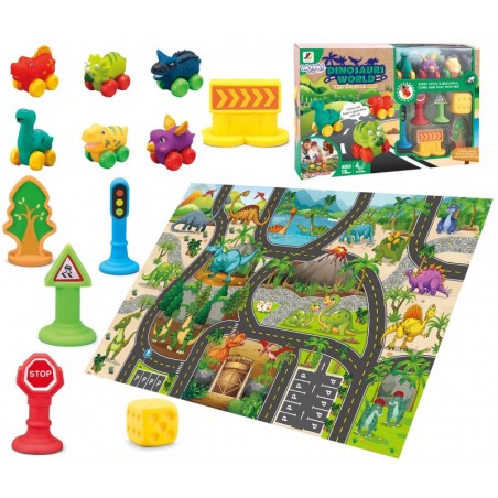 Autotee matt autodele, dinosauruste autode komplekt + liiklusmärgid