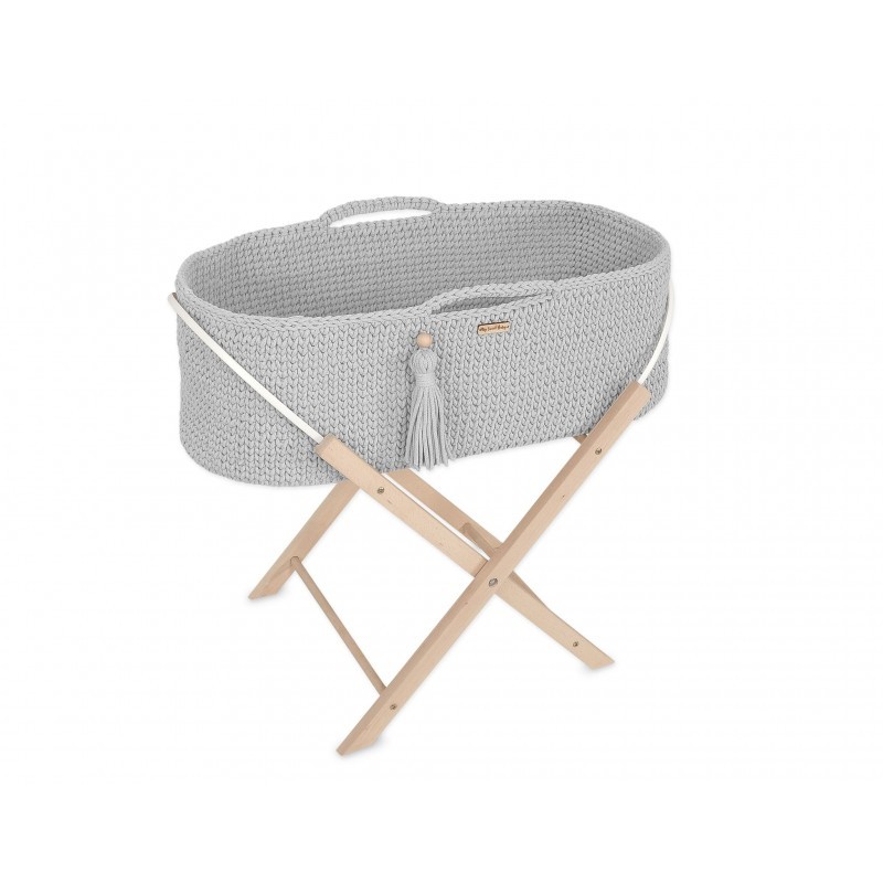 Heegeldatud beebihäll korv Boho jalgadega, helehall