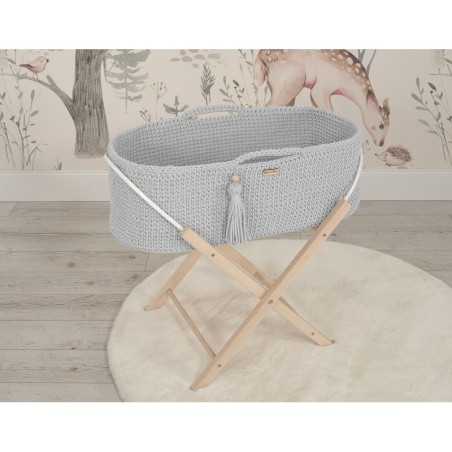 Heegeldatud beebihäll korv Boho jalgadega, helehall