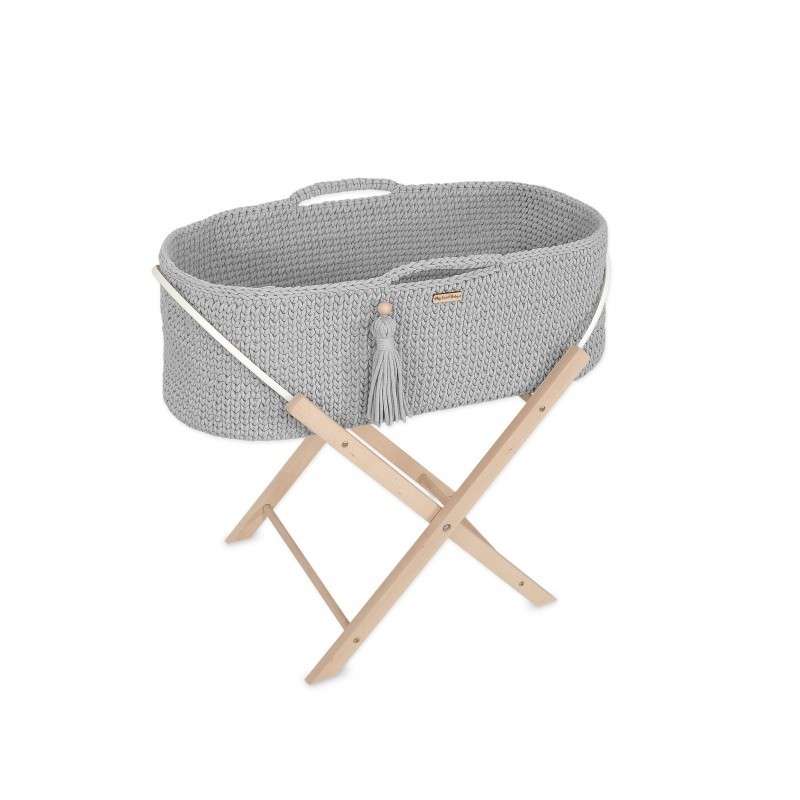 Heegeldatud beebihäll korv Boho jalgadega, hall