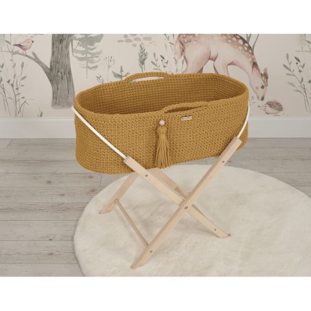 Heegeldatud beebihäll korv Boho jalgadega, kollane