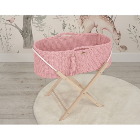 Heegeldatud beebihäll korv Boho jalgadega, roosa