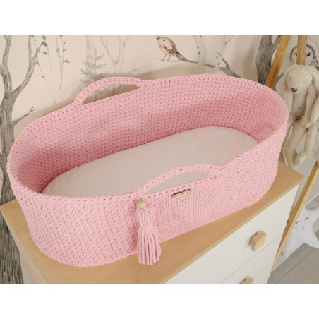 Heegeldatud beebihäll korv Boho jalgadega, roosa