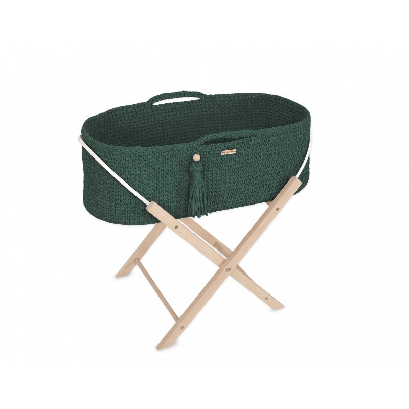 Heegeldatud beebihäll korv Boho jalgadega, roheline