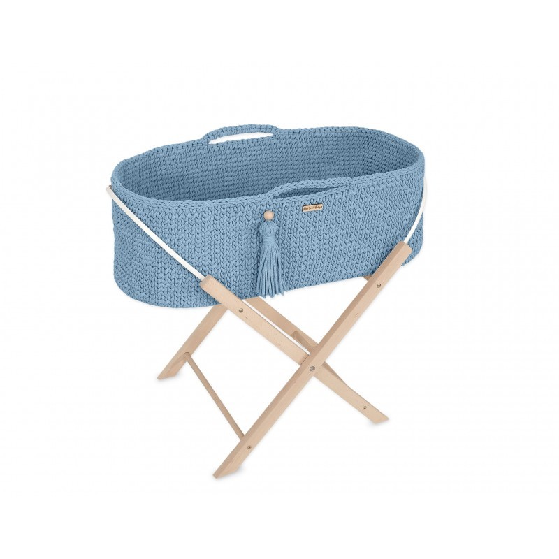 Heegeldatud beebihäll korv Boho jalgadega, sinine