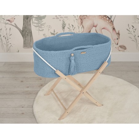 Heegeldatud beebihäll korv Boho jalgadega, sinine