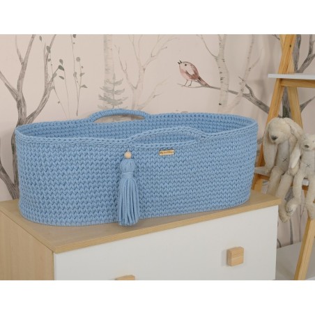 Heegeldatud beebihäll korv Boho jalgadega, sinine