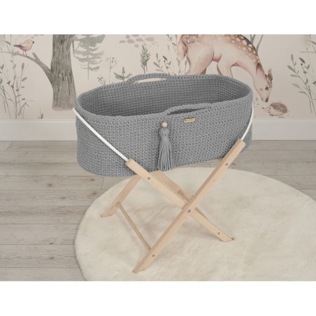 Heegeldatud beebihäll korv Boho jalgadega, tumehall