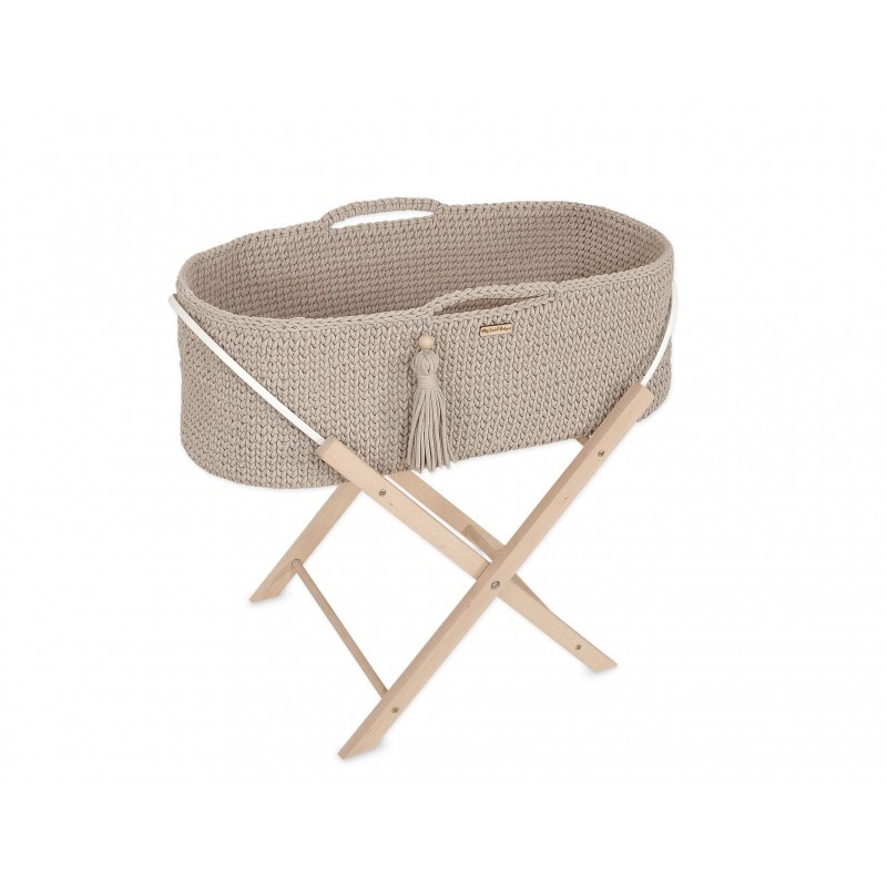 Heegeldatud beebihäll korv Boho jalgadega, beež