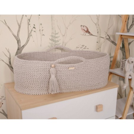 Heegeldatud beebihäll korv Boho jalgadega, beež