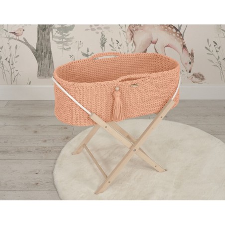 Heegeldatud beebihäll korv Boho jalgadega, salmon