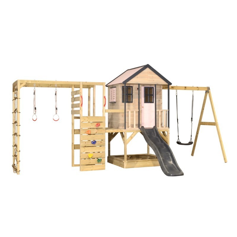 Mänguväljak M50-G seiklus mängumaja platvormi, liumäe ja ühe kiigega + ronimismoodul, pastell roosa / hall