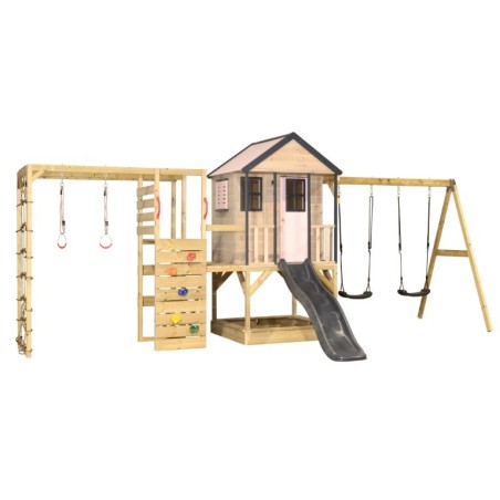 Mänguväljak M60-G seiklus mängumaja platvormi, liumäe ja kaheinimese kiigega + ronimismooduliga, pastell roosa / hall