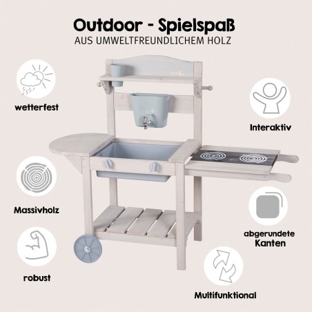 Mobiilne mudaköök- mänguköök grill lastele - FSC sertifitseeritud puit - hall laseriga töödeldud