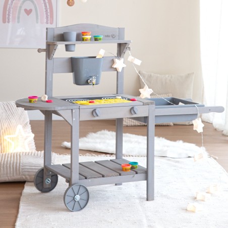 Mobiilne mudaköök- mänguköök grill lastele - FSC sertifitseeritud puit - hall laseriga töödeldud