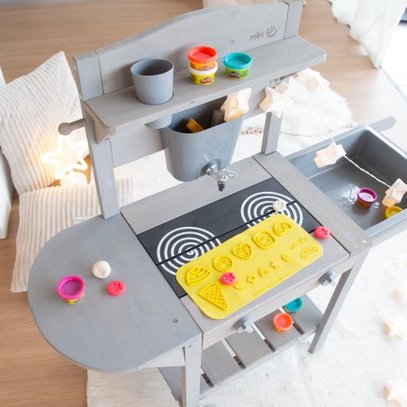 Mobiilne mudaköök- mänguköök grill lastele - FSC sertifitseeritud puit - hall laseriga töödeldud