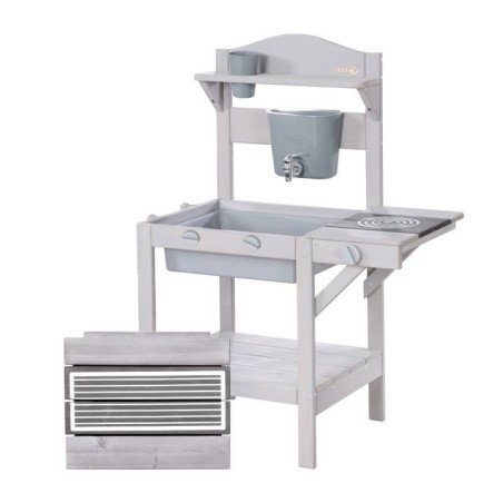 Mänguköök õue mudaköök koos aksessuaaridega - FSC sertifitseeritud puit - hall laseriga töödeldud