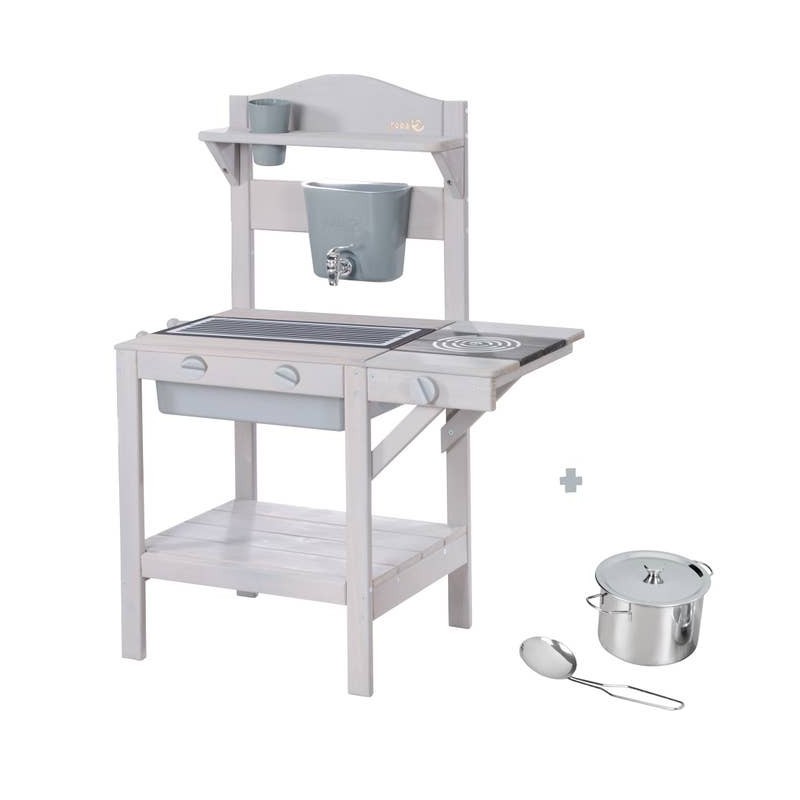 Mänguköök õue mudaköök koos aksessuaaridega - FSC sertifitseeritud puit - hall laseriga töödeldud