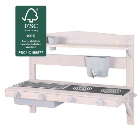 Mängu- ja mudaköök seina külge - FSC sertifitseeritud puit - hall laseriga töödeldud