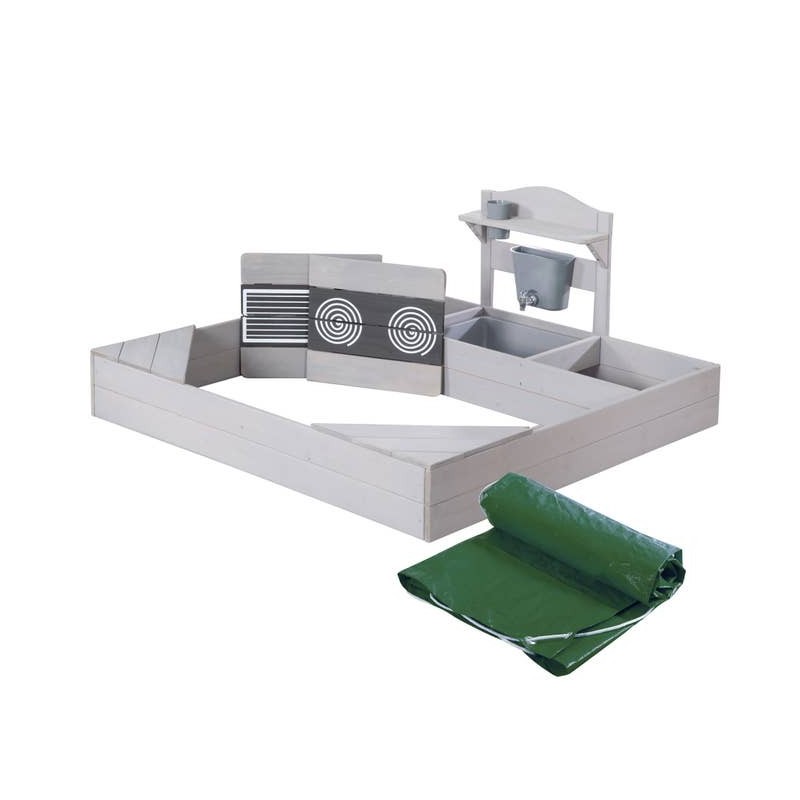 Puidust liivakast koos mudaköögi ja presendiga - ilmastikukindel - halli lakiga