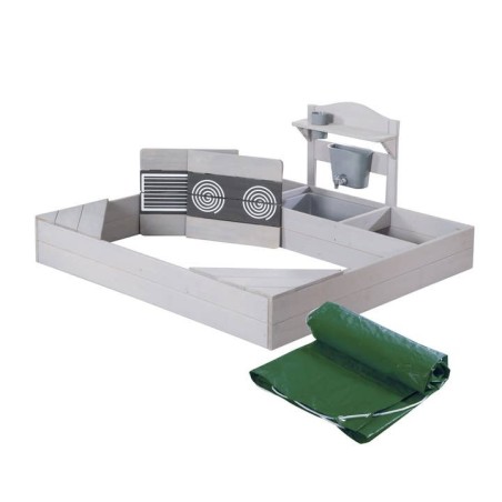 Puidust liivakast koos mudaköögi ja presendiga - ilmastikukindel - halli lakiga