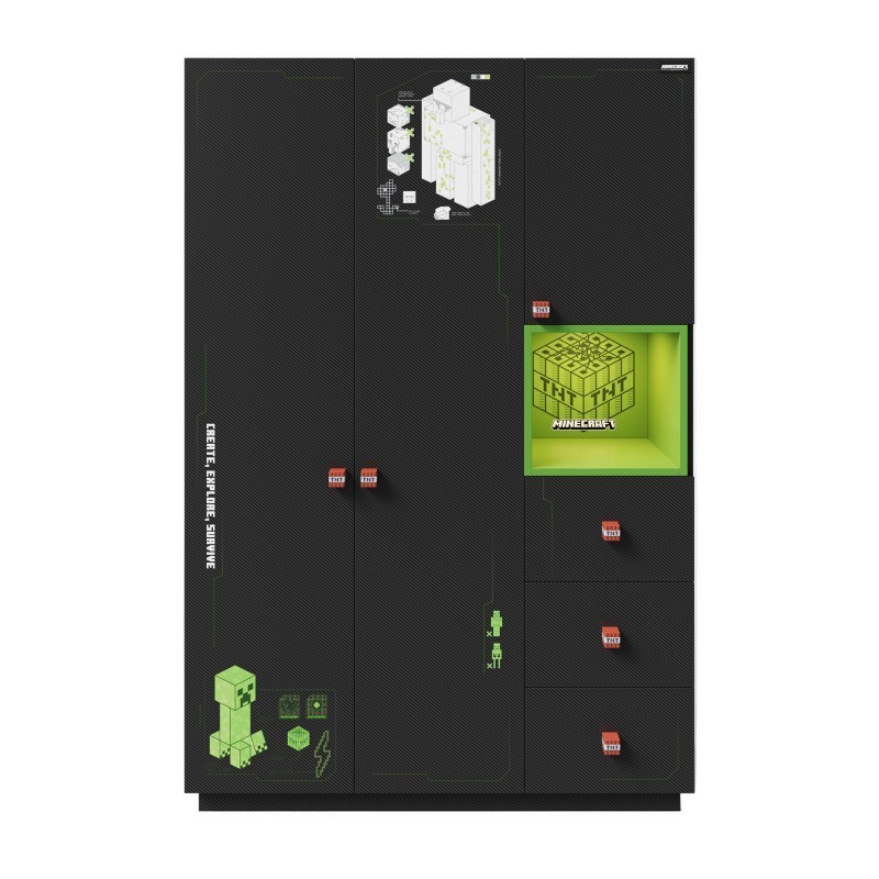Riidekapp Minecraft 3-ukseline - Süsinikvärvi välimus - Must / Roheline