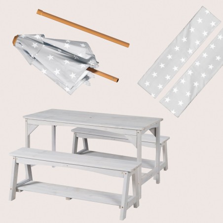 Laste õuemööbli komplekt 1 laud, 2 pinki, päikesevarju ja istmepatjadega "Little Stars" - hall