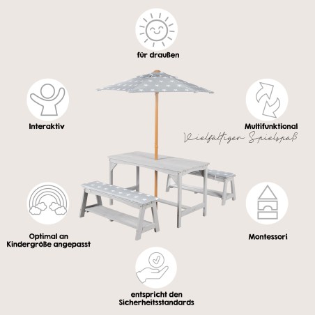 Laste õuemööbli komplekt 1 laud, 2 pinki, päikesevarju ja istmepatjadega "Little Stars" - hall