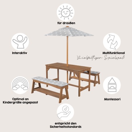 Laste õuemööbli komplekt 1 laud, 2 pinki, päikesevarju ja istmepatjadega "Little Stars" - tiikpuu