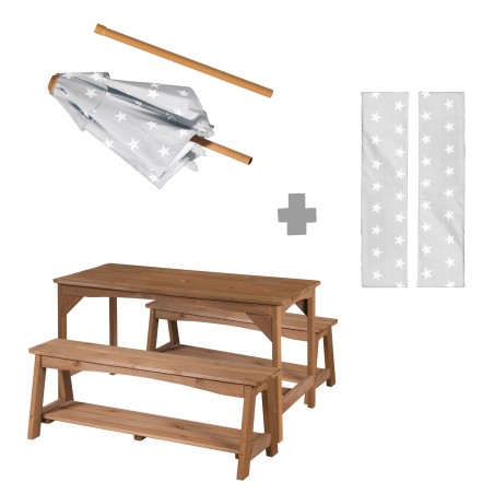 Laste õuemööbli komplekt 1 laud, 2 pinki, päikesevarju ja istmepatjadega "Little Stars" - tiikpuu