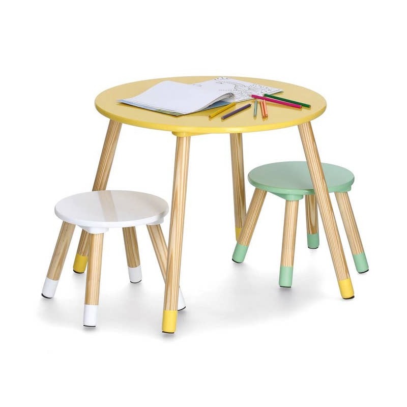 Laste ümmargune lauakomplekt – MDF ja männipuidust mängulaud toolidega
