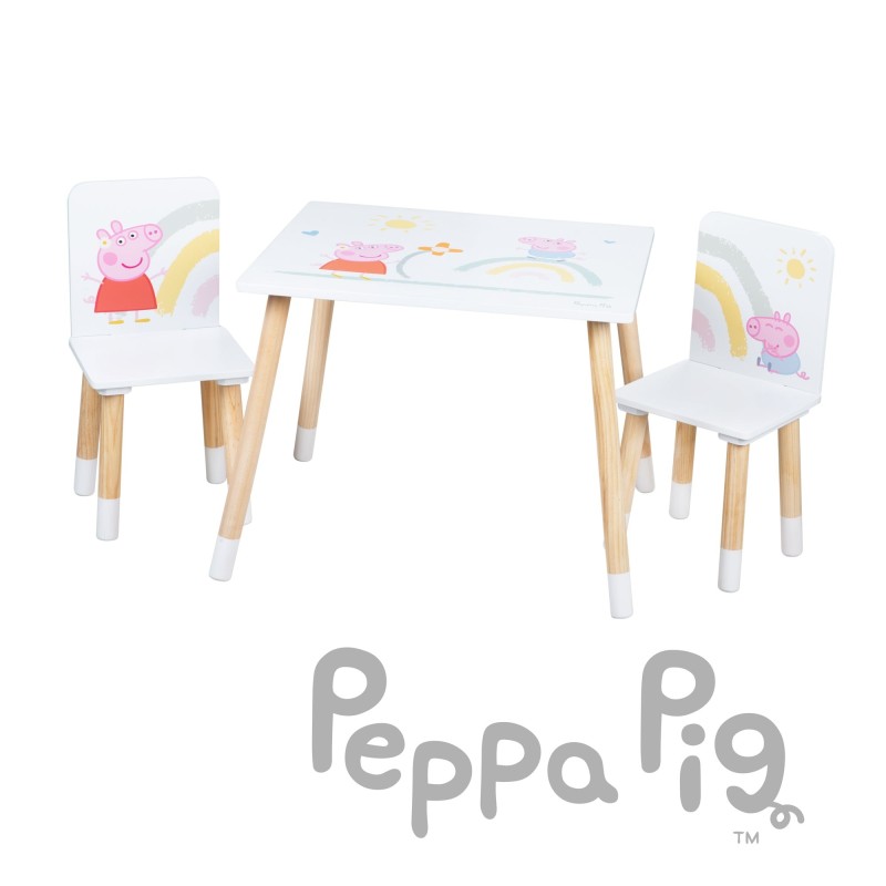 Laste laua ja toolide komplekt "Peppa" - 2 tooli + 1 laud - seeria motiiviga - valge / naturaalne puit