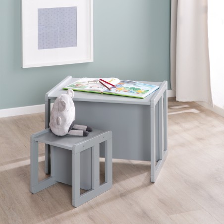 Laste laud ja tool 3in1 - Muudetav taburet ja laud - Ümberkujundatav lastepingiks - hall