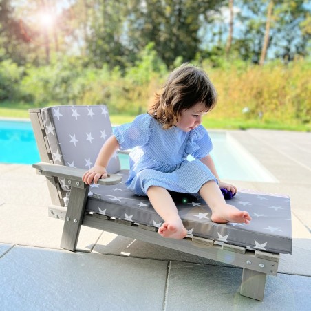 Laste õuetool lamamistool FSC-sertifitseeritud puidust, istmepadjaga - hall laseriga töödeldud