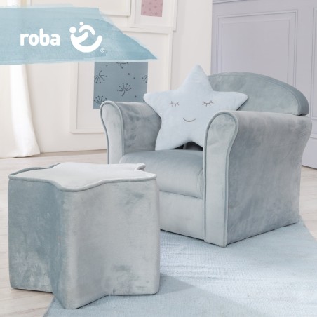 Laste tugitool "Lil Sofa" käetugedega, mugav minitool, kaetud helesinise sametiga