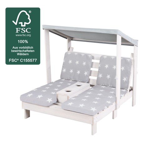 Laste õuelamamistool kahele, katusega, FSC-sertifitseeritud täispuit, hall