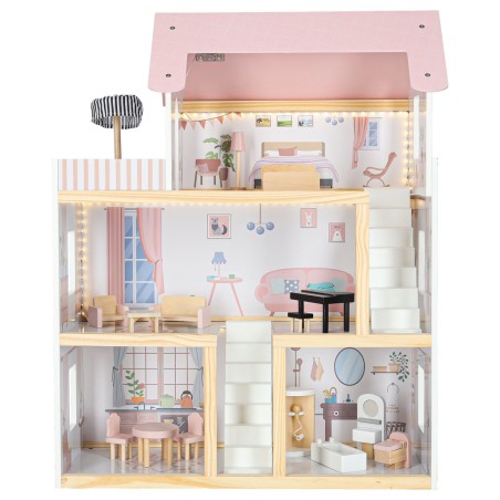 Puidust nukumaja + mööbel 78cm roosa LED