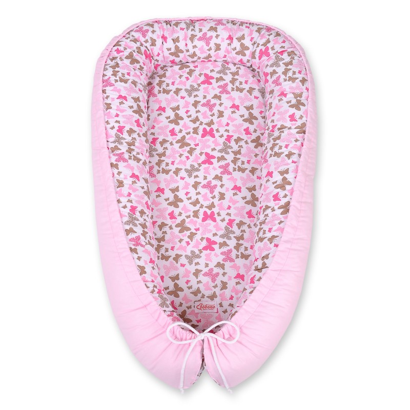 Beebipesa kahepoolne Premium Cocoon väikelastele - roosad liblikad/roosa